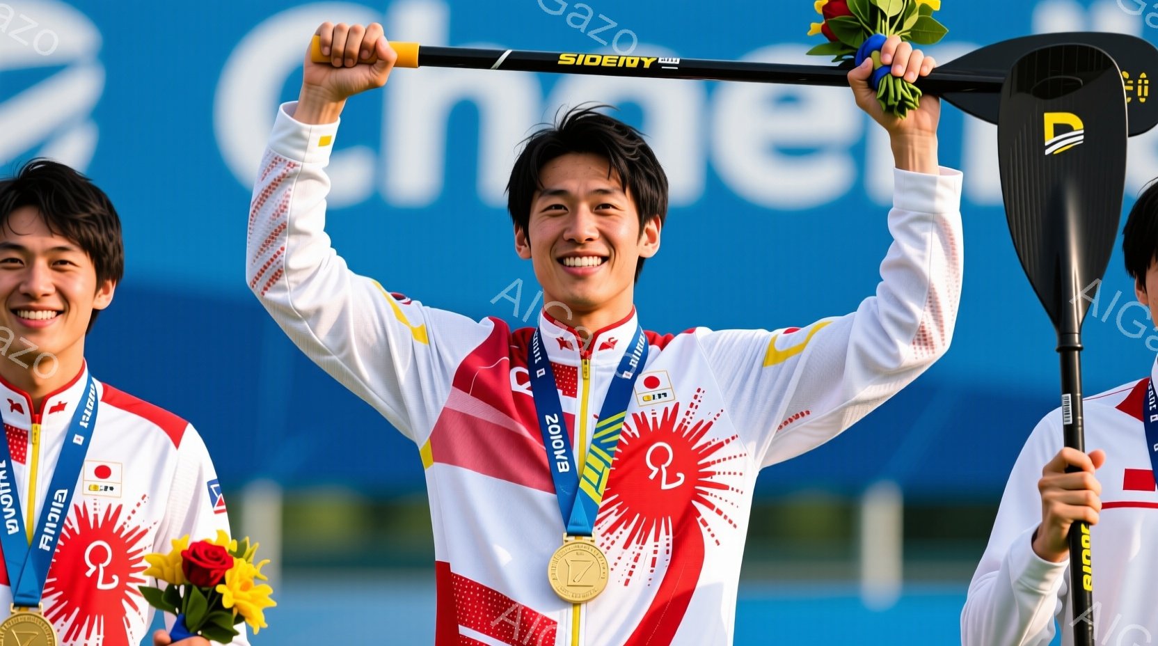 カヌースラロームの表彰台で、金メダルを獲得した若い男性アスリートが写っている。彼は日本代表のユニフォームを着ており、誇らしげな笑顔を浮かべ、片手に金メダル、もう片手に花束を持ち、腕を高く上げている。背景にはぼやけた建物や空が見え、晴天の下での勝利の瞬間を捉えている。