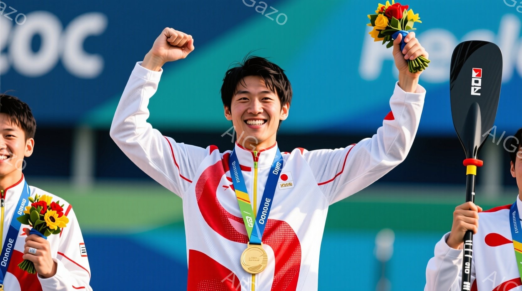 表彰台に立つ男性競技者が、満面の笑みで両手を挙げ、金メダルを誇らしげに見せています。彼は白いジャケットと赤いシャツを着ており、髪型は短髪で、表情は非常に明るく、喜びにあふれています。背景には他の競技者 - AI生成フリー素材