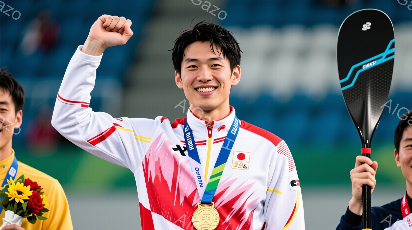白い競技着に日本の国旗とスポンサーロゴが描かれ、金色のメダルを首から下げた若い男性が写っている。彼は右手を高く上げ、満面の笑みを浮かべ、勝利を喜んでいる様子が伝わる。背景には緑色の芝生とぼやけた観客席が見え、晴天の下、競技会が終わった直後の高揚感に満ちた雰囲気が漂っている。