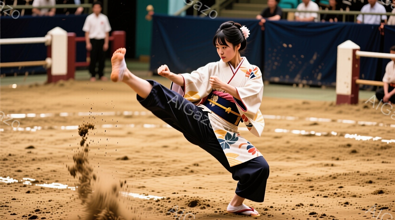 彼女は伝統的な着物と袴姿で、土俵の上で技を繰り出しています。髪はきっちりとまとめられ、集中した表情で、力強い蹴りを披露しています。土俵の周りには観客席が見え、競技場の活気ある雰囲気が伝わってきます。