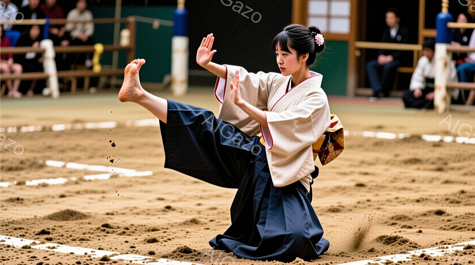 少女は柔道着のような衣装を身につけ、片足を高く上げ、空中で蹴るような動きをしています。濃い青色の袴を着用し、髪は後ろでまとめ、飾りをつけています。背景は土の畳の柔道場のような場所で、観客席が見え、練習風景の臨場感が伝わってきます。