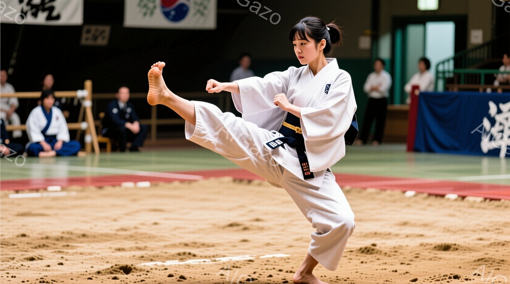 空手着を着た女性が、足技を繰り出す瞬間を捉えた写真です。彼女は黒帯で、髪を後ろでまとめ、集中した表情で技に臨んでいます。背景には、畳の床と青い壁、そして遠くに観戦者が見え、道場の雰囲気が漂っています。