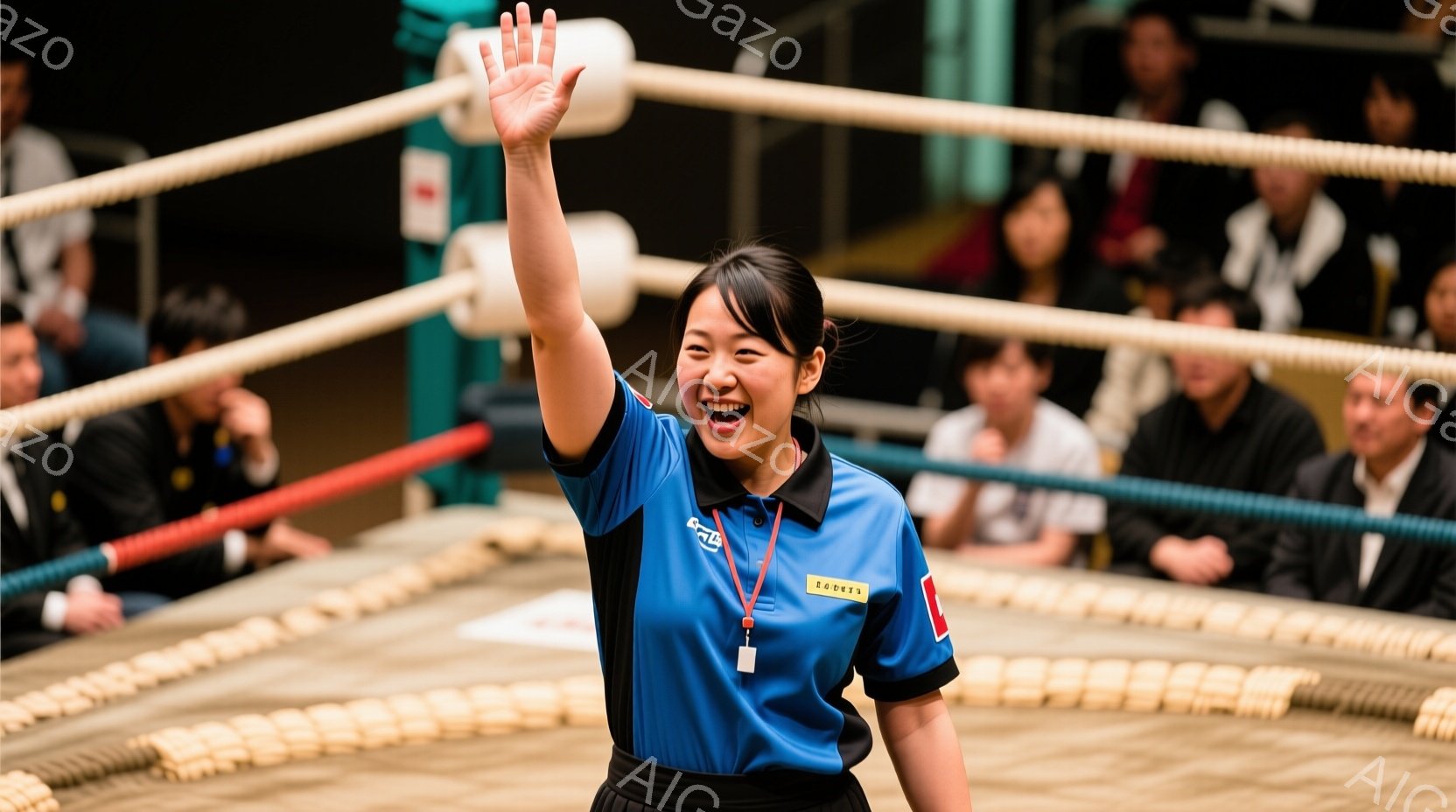 青いポロシャツを着た女性がリング中央に立っており、満面の笑みを浮かべて片手を大きく上げています。彼女のポロシャツには「審判」と書かれた名札がついており、黒いズボンを着用しています。背景には観客席が見え、リングはロープで囲まれており、相撲の試合が行われている場所と思われます。