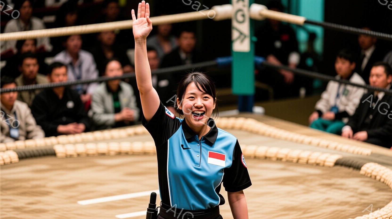 土俵の上で腕を上げて笑顔の女性レフェリーが写っています。彼女は青いポロシャツに黒いズボン、髪を後ろで束ねたヘアスタイルで、胸にはインドネシアの国旗のバッジをつけています。背景には観客席が見え、土俵の周りを白い俵が囲んでいる様子から、相撲の試合会場であることがわかります。