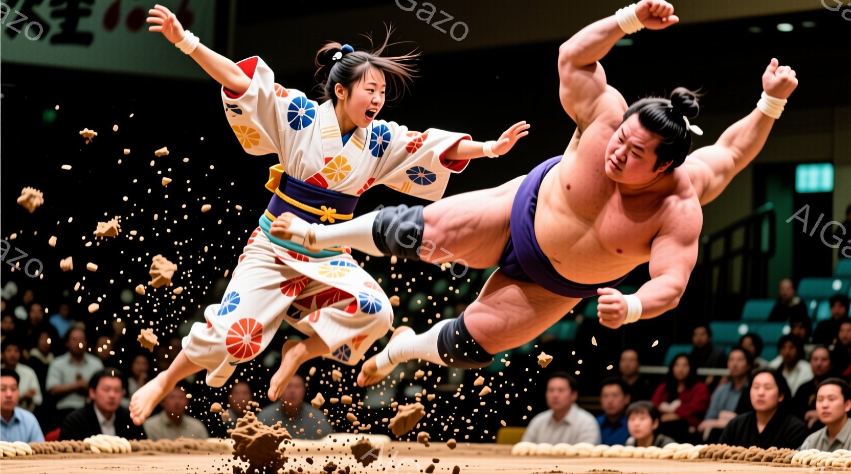 土俵の上で、一人の女性が華やかな着物姿で、力士に飛び蹴りを放とうとしている瞬間が捉えられています。力士は驚いた表情で、土俵から落ちそうになり、周囲には土が舞い上がっています。背景には観客席が見え、緊迫 - AI生成フリー素材