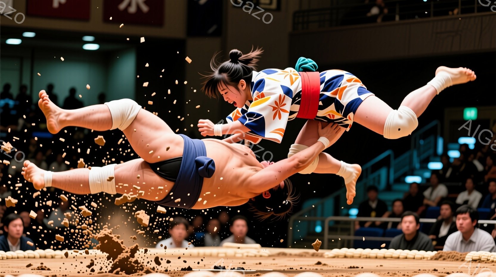 競技場の中央で、女性相撲選手が激しい空中戦を繰り広げている。彼女たちはそれぞれ、伝統的な締め込みと襷を身につけ、髪を高く結い上げている。土俵に舞い上がった土埃と、観客席に座る人々の姿が、熱狂的な雰囲気を伝えている。