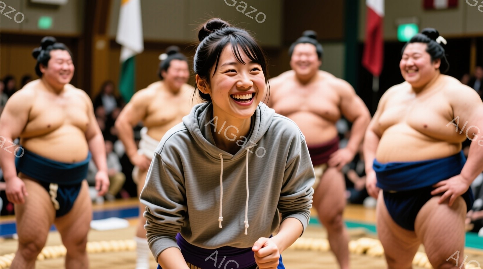 画像中央には、グレーのパーカーと紫色のレギンスを着た女性が笑顔で座っています。彼女の周りには、相撲力士たちがまわし姿で取り囲んでおり、皆楽しそうにしています。背景には、観客席や日本の国旗が見え、相撲の練習風景であることがわかります。