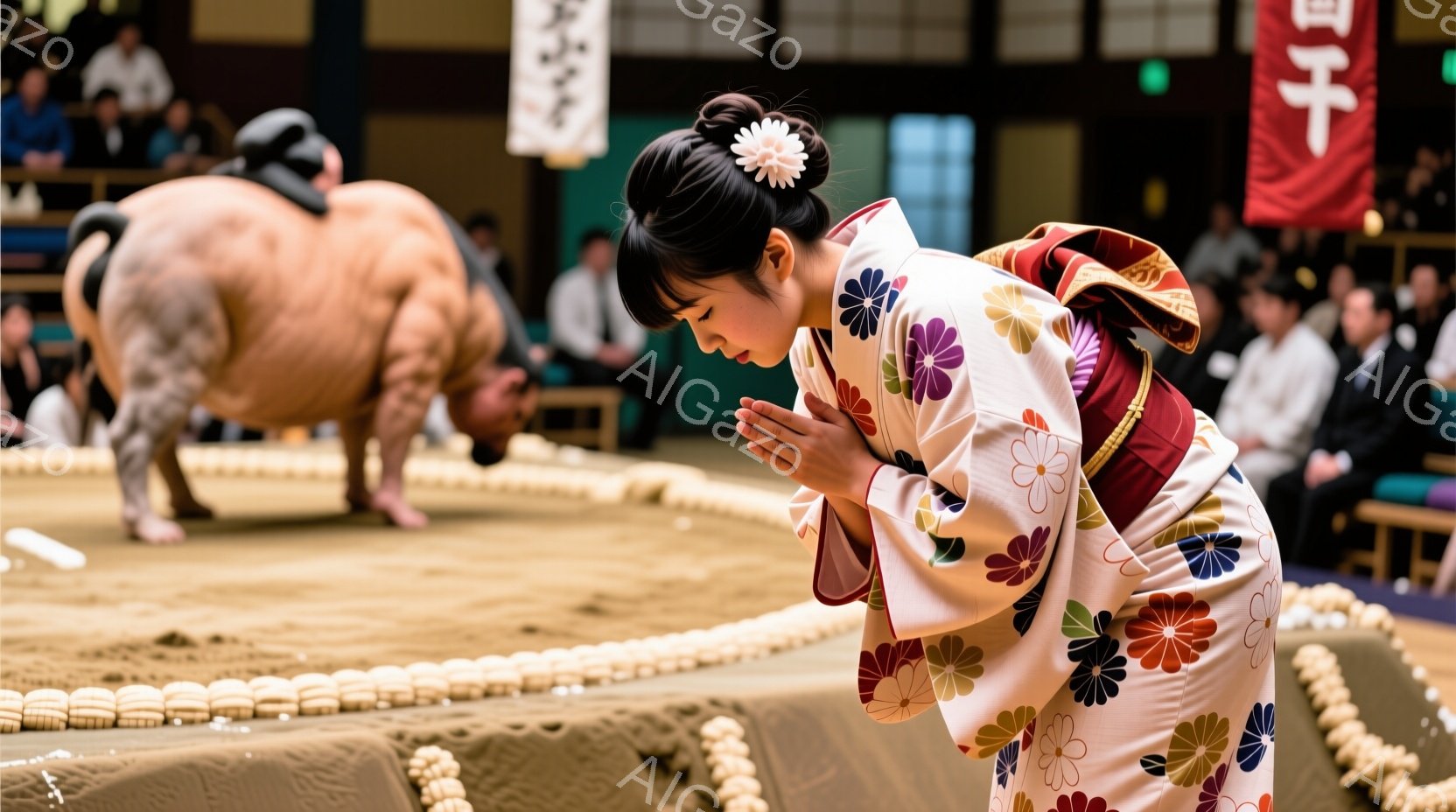競技場の土俵上で、着物を着た女性が深々と頭を下げています。彼女は白地に赤、ピンク、青の花柄の鮮やかな着物を着ており、髪を高く結い上げて髪飾りをつけています。土俵の奥には、力士が構えており、競技の開始を待っているような緊迫感があります。