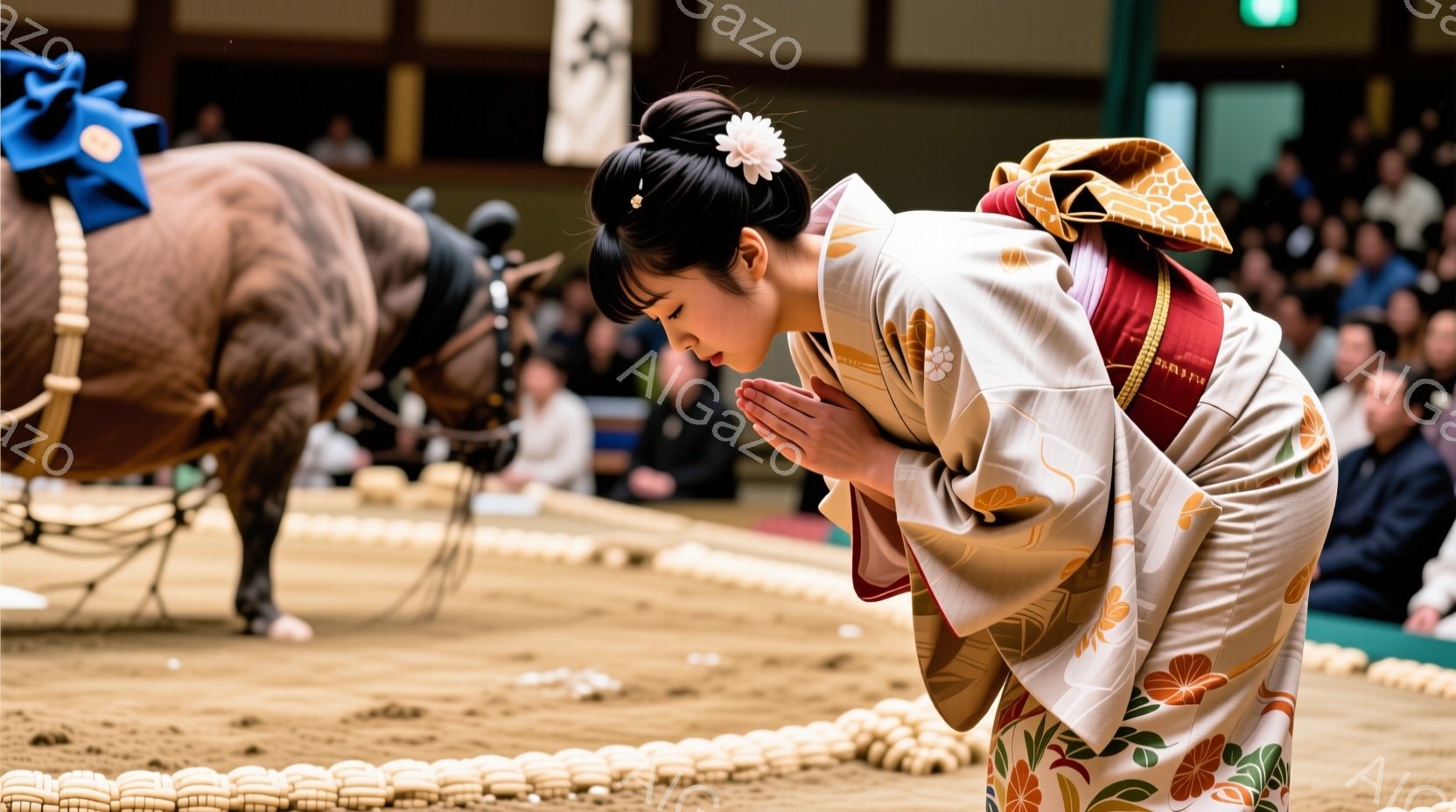 競技場で、華やかな着物を着た女性が深々と頭を下げています。彼女の着物は、クリーム色をベースにオレンジと緑の花柄が描かれ、赤い帯が締めてあります。背景には土俵があり、観客席には多くの人が見え、競技の開始を前に厳かな雰囲気が漂っています。