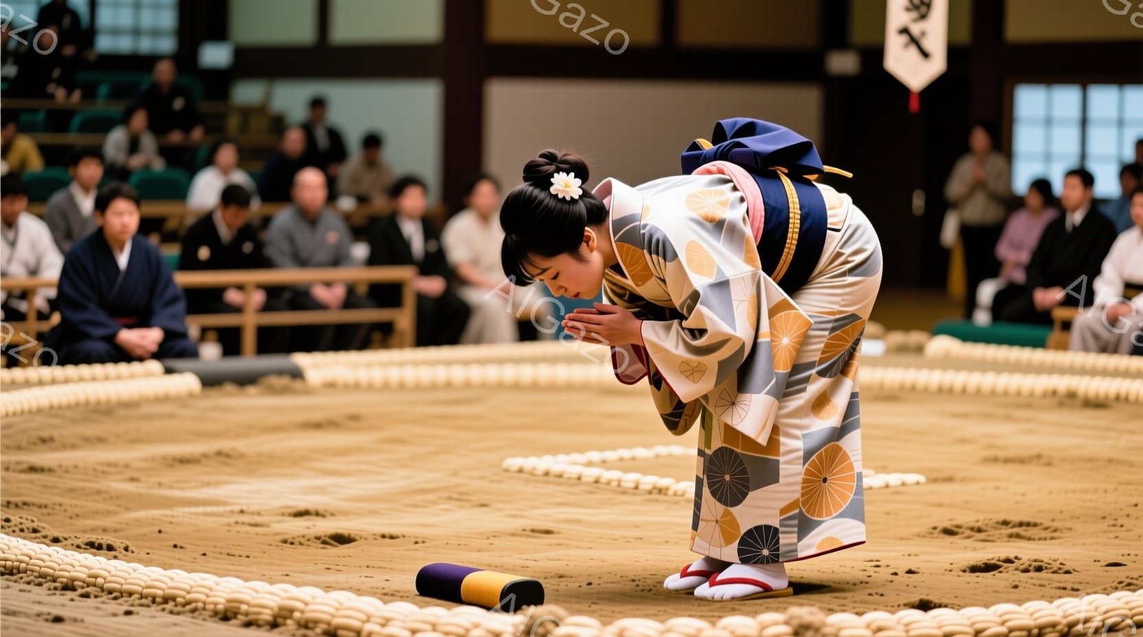 競技場の中央で、着物を着た女性が深々と頭を下げています。着物はクリーム色を基調とし、オレンジと濃い青の幾何学模様が特徴的で、鮮やかな帯が目を引きます。競技場の床は土で覆われ、周囲は藁のロープで囲まれて - AI生成フリー素材
