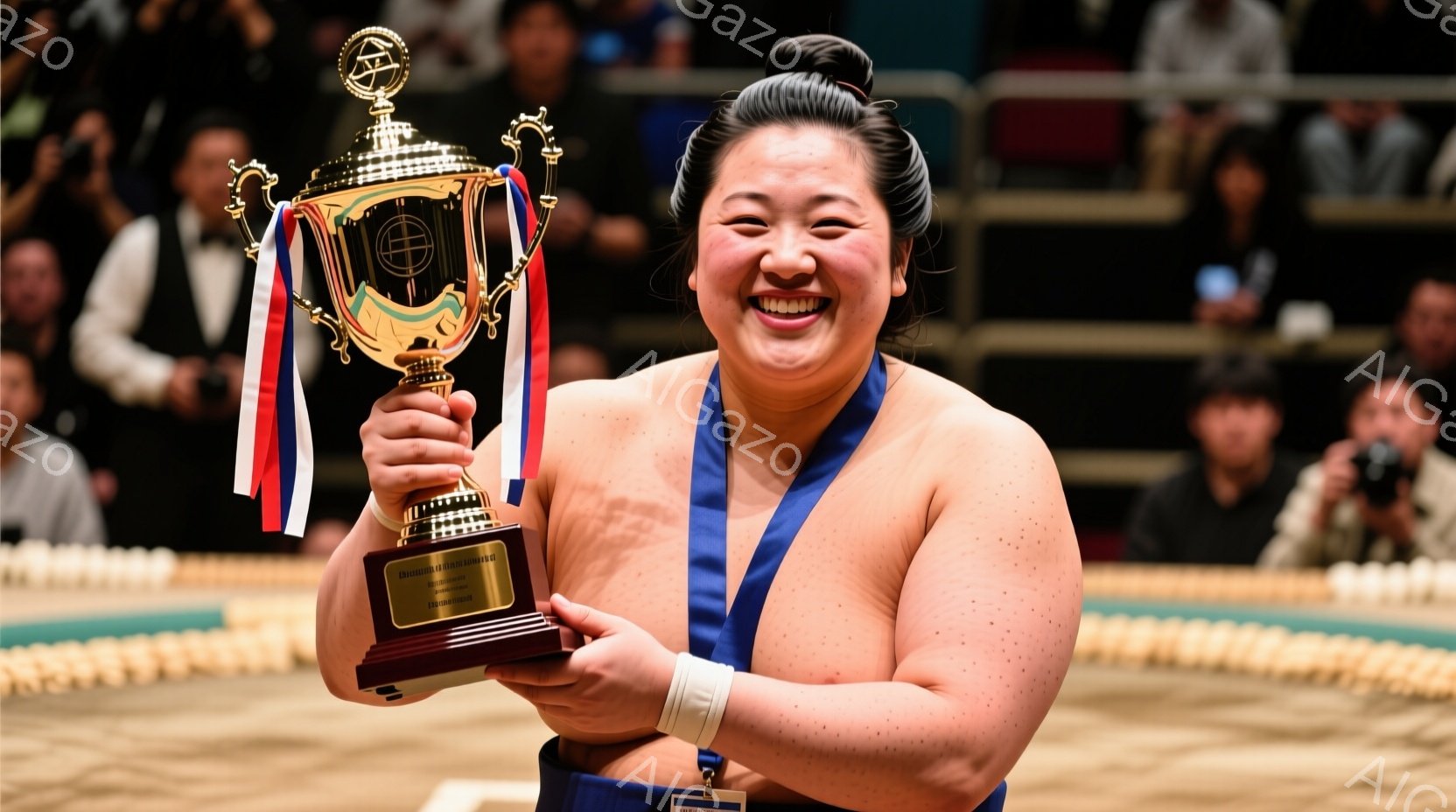 力士が笑顔でトロフィーを高く掲げています。彼はまわしを締め、髪は髷（ちょんまげ）に結い上げられています。背景には観客席が見え、相撲の土俵上である事がわかります。