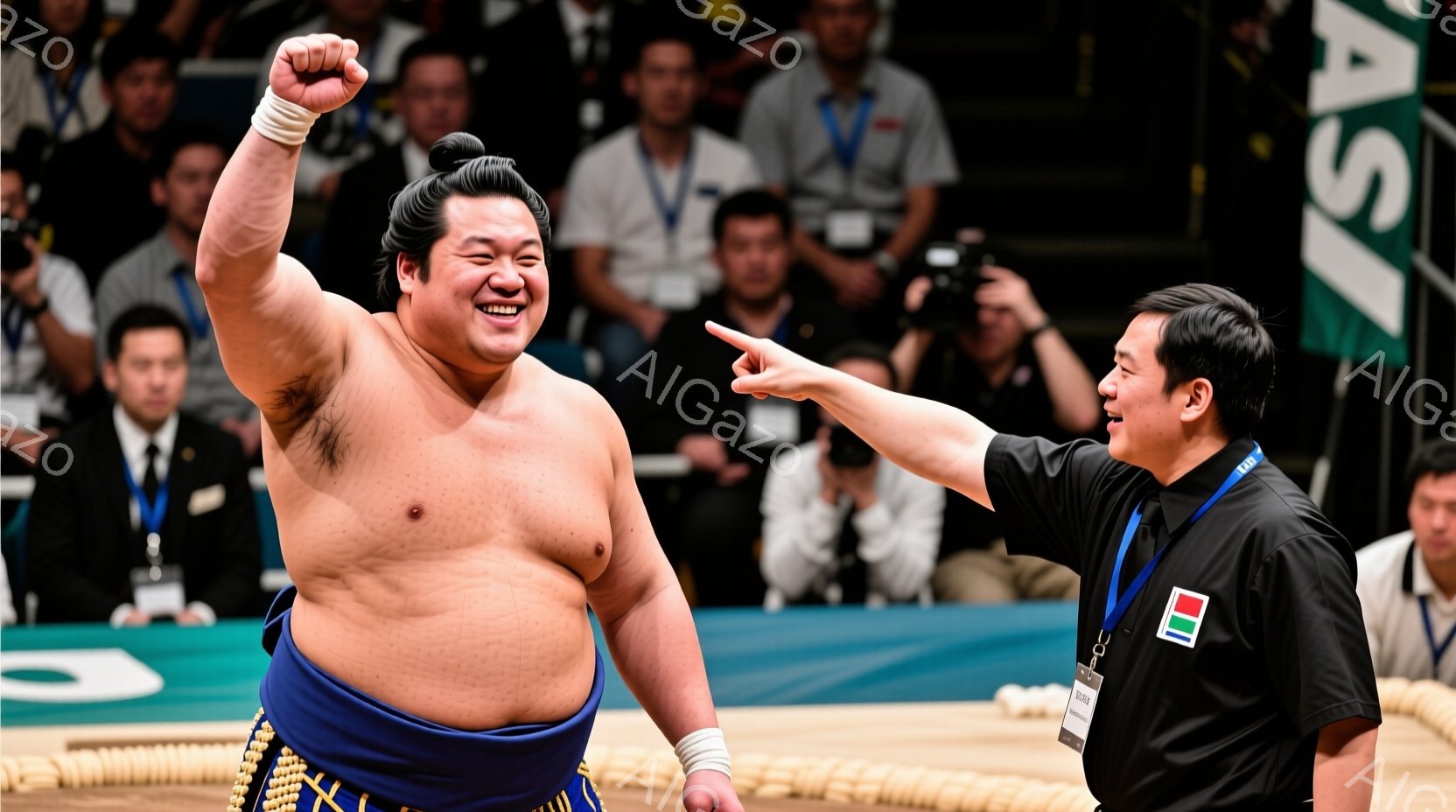力士が土俵上で勝利の雄叫びを上げ、右手を高く上げています。彼は廻しと呼ばれる伝統的な締め付けの衣装を身につけ、髪は丁髷（ちょんまげ）に結われています。背景には観客席が見え、多くの人々が熱狂的な雰囲気の中で彼を見守っています。