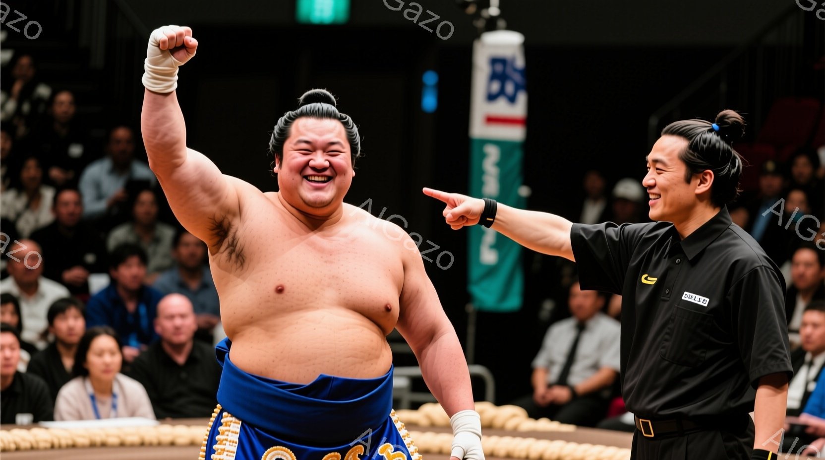 鍛え上げられた肉体を持つ力士が、土俵上で両手を高く上げ、勝利を喜んでいる様子が捉えられています。彼は青と金色の廻幕を締め、髪は伝統的なちょんまげに結い上げられています。背景には観客席が見え、興奮した雰 - AI生成フリー素材