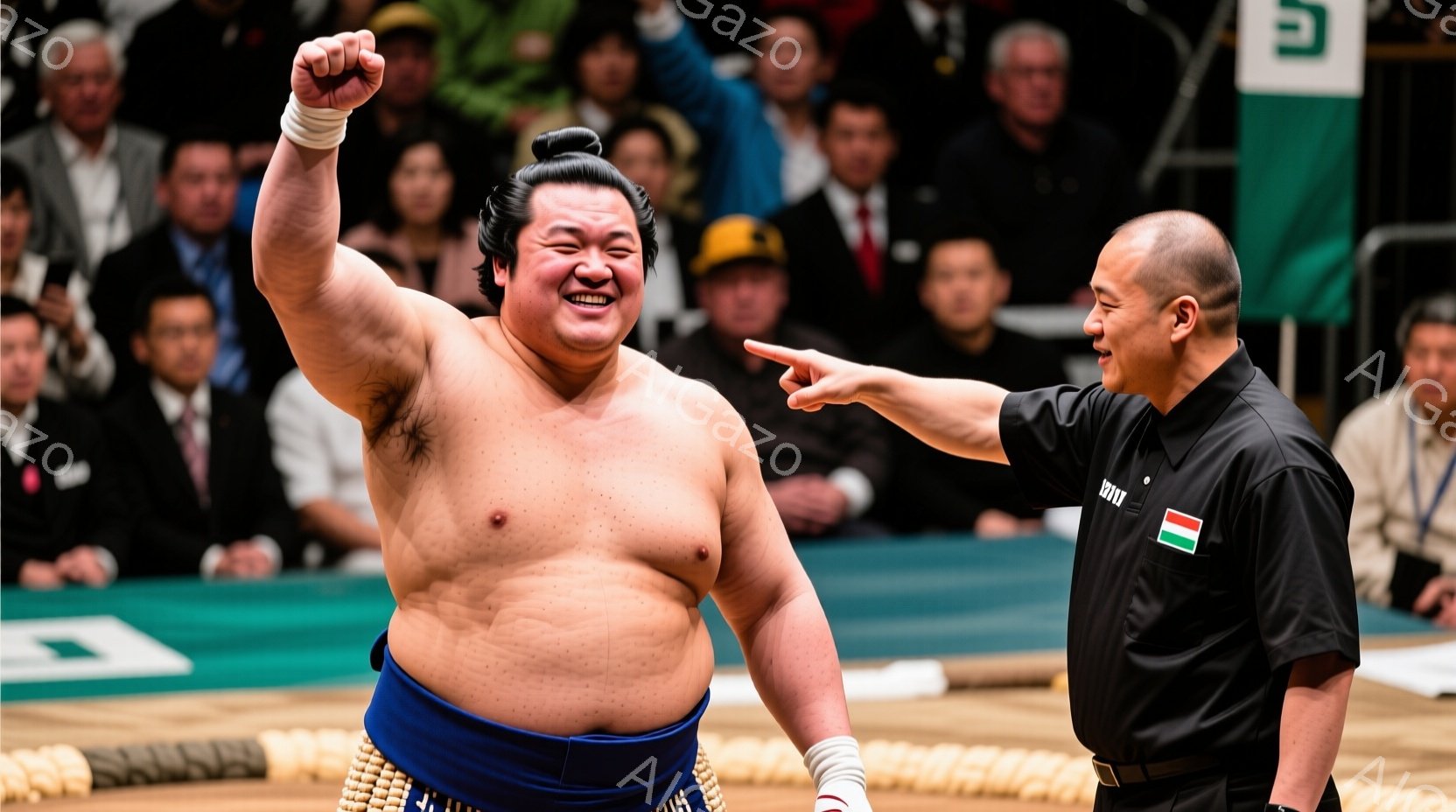力士は土俵上で勝ち誇った様子で、片手を高く上げ、満面の笑みを浮かべている。紺色の廻しを身につけ、右腕には白い襷がかかり、力強い肉体が露わになっている。背後には審判員が指をさし、観客席には多くの人々がいます。