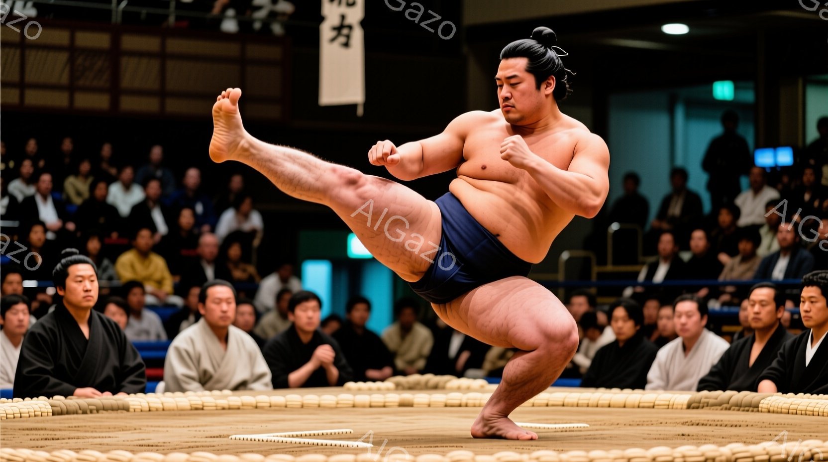 力士が土俵上で片足を高く上げ、力強い姿勢で立っている。観客席には黒や白の服装をした人々が座っており、彼らの表情は真剣そのものだ。土俵の周りはロープで囲まれており、背景には暗い照明とわずかに見える建物が - AI生成フリー素材