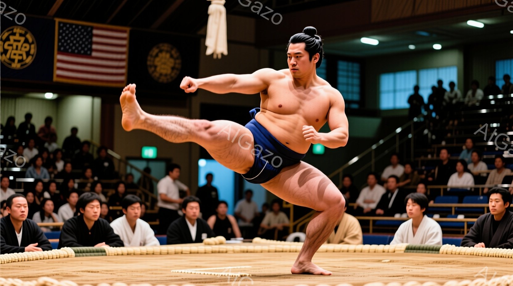 競技場の中央で、力士が宙返りしながら片足を高く蹴り上げる姿が捉えられています。彼は短い紺色の下股引を着用し、典型的な丁髷（ちょんまげ）の髪型で、筋肉質な体を誇示しています。観客席には黒いスーツや白い着物を着た人々が座り、競技場の土俵は円形で、背景には窓と建物が見えます。