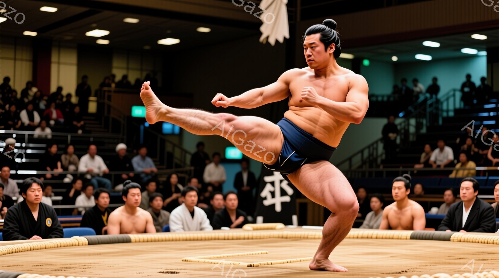 力士が土俵上で片足を高く上げ、技の練習をしている様子が写っている。彼は締め込みと呼ばれる伝統的な下着を着用し、髪は髷（ちょんまげ）に結われている。背景には観客席が見え、多くの人々が彼を見守っている雰囲気で、土俵は円形で藁（わら）で覆われており、競技場全体が明るく照らされている。