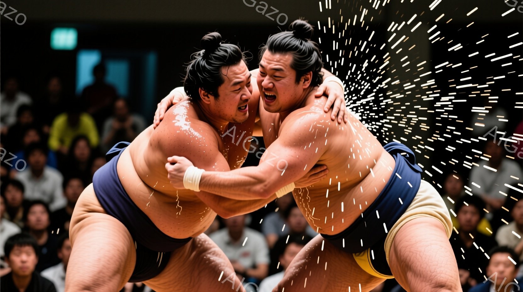 力士二人が激しい相撲の組み合いの瞬間を捉えた写真です。紺と黄色の化粧回しを締め、髪は丁髷（ちょんまげ）でまとめられています。二人の力士は互いに組みつき、力強い表情で睨み合い、周囲には土埃のような粒子が舞い上がっています。