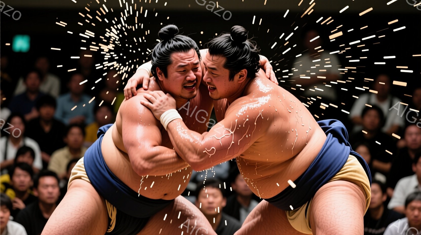 屈強な体格の力士二人が、土俵上で激しく組み合っている様子が捉えられている。彼らはまわしと呼ばれる伝統的な帯を締め、髪を髷（ちょんまげ）に結っている。土俵上には白い水滴が飛び散り、力士たちの激しい動きと緊張感が伝わってくる。
