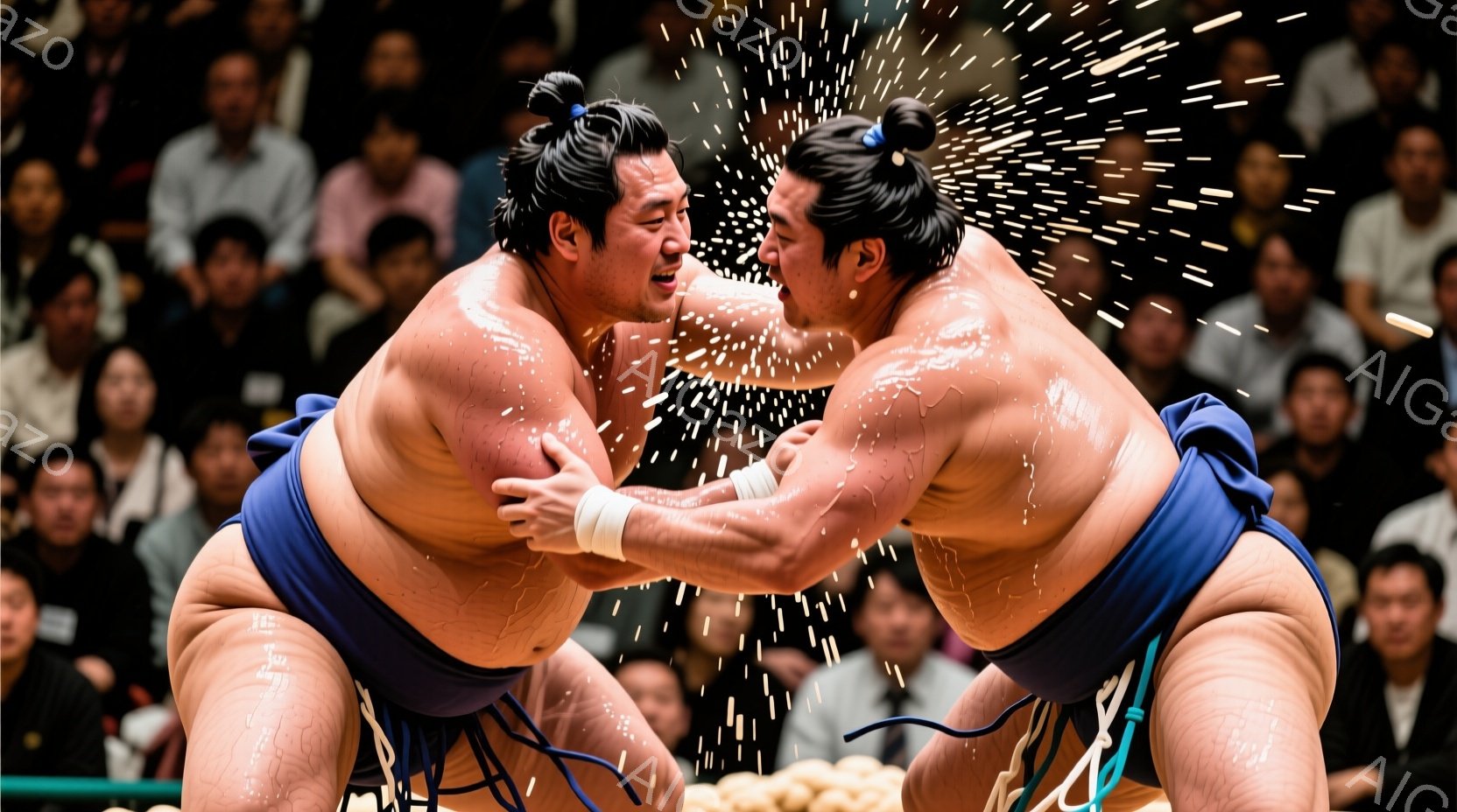 露わになった上半身で相撲の力士たちが激しく組み合っている様子が写っている。彼らは締め込みと呼ばれる伝統的な下着を着用し、力強い表情で互いに胸を寄せ合っている。背景には多くの観客がおり、土俵の周りで興奮した雰囲気が漂っている。