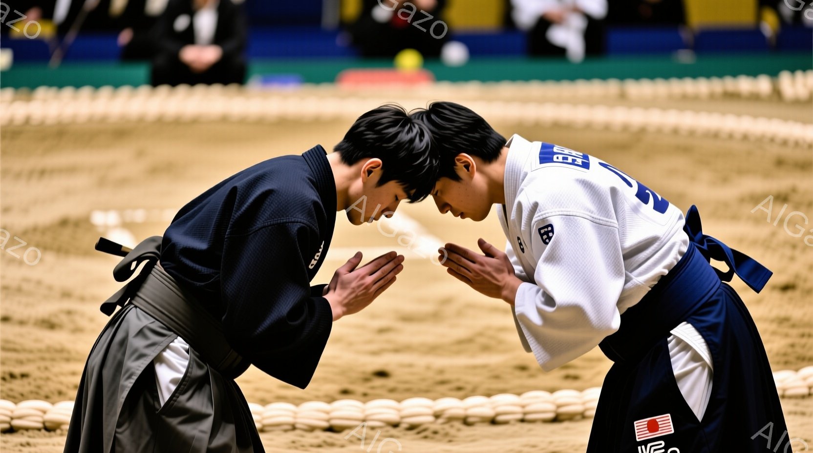 柔道着を着た二人の男性が、競技前に互いに礼を交わしています。一人は黒帯で、もう一人は白帯であり、両者とも前かがみになり、深く頭を下げています。背景は柔道の畳（道場）で、ぼやけた観客席が見え、競技会場の厳粛かつ礼儀正しい雰囲気が伝わってきます。