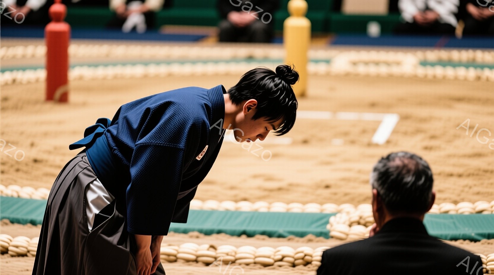 柔道着を着用した若い男性が、土俵の中心で深くお辞儀をしています。黒髪を後ろで束ねた彼は、集中した表情で相手に敬意を表しているようです。土俵の周囲には藁が敷かれ、背景にはぼやけた観客席が見えます。