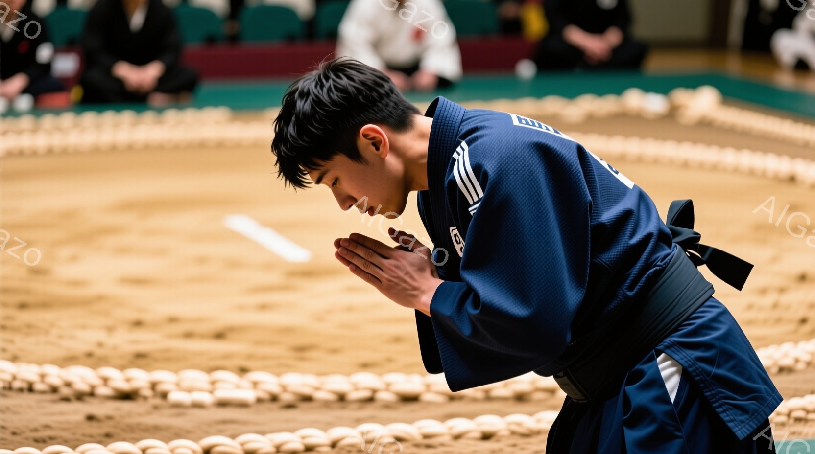 柔道着を着た若い男性が、土俵のような場所で深くお辞儀をしている。彼は黒帯で、髪は短く整えられている。背景にはぼやけた観客席が見え、競技場の床は土の色をしており、厳粛で敬意を表す雰囲気が漂っている。
