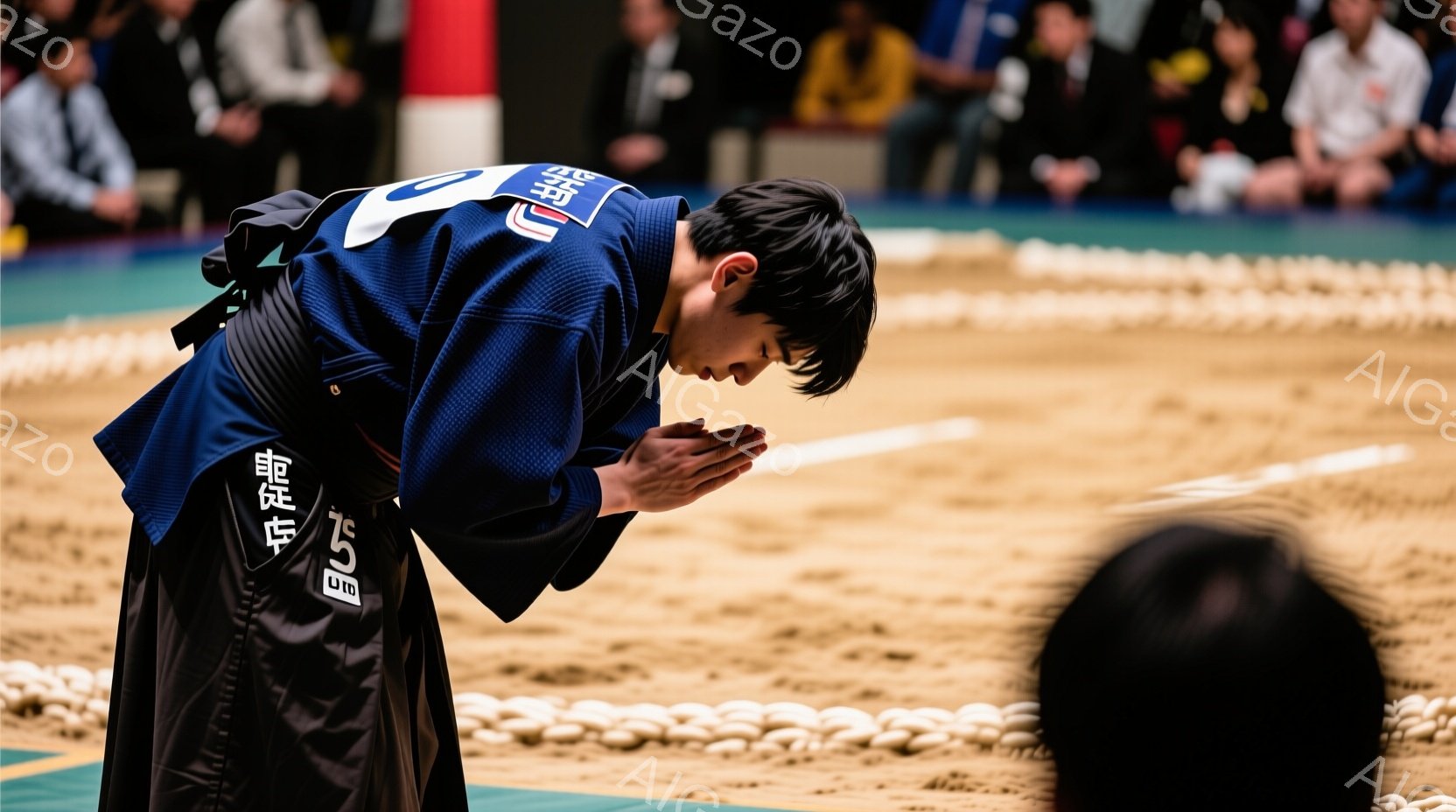 柔道着を着た若い男性が、土俵の上で深くお辞儀をしている。黒い髪を短く切り揃え、集中した表情で両手を合わせて祈っているような姿勢だ。土俵の周囲には観客が見え、競技場の雰囲気が伝わる。 - AI生成フリー素材