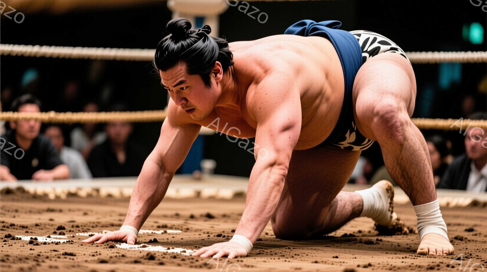 力士が土俵の上で四つん這いになり、試合前の構えをとっています。黒い鬢毛を高く結い上げた髪型で、青色の締め込みを身につけ、集中した表情をしています。土俵は茶色で、周囲にはぼやけた観客席が見え、競技場の雰囲気を感じさせます。