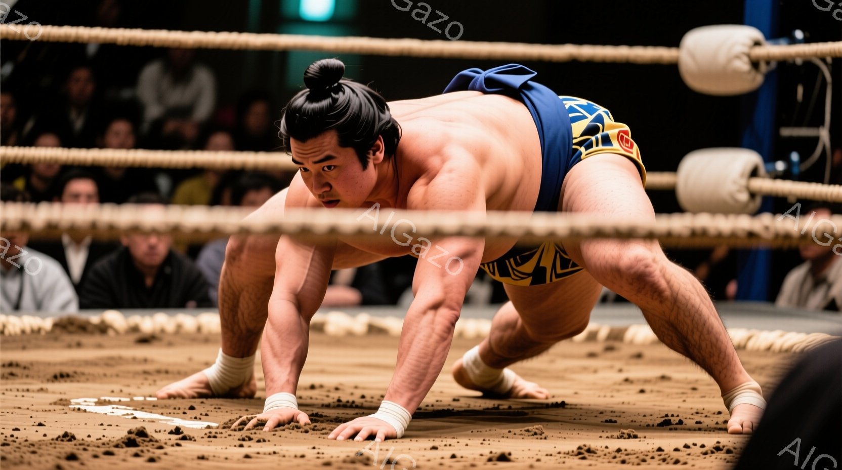 力士は土俵の上で四つん這いになり、試合前の構えを取っています。黒い鬢毛を高く結い上げ、締め込みは青と黄色のストライプで、力強い印象を与えます。土俵の周りには観客がおり、試合開始を今か今かと待ち望んでいる緊張感のある雰囲気が漂っています。