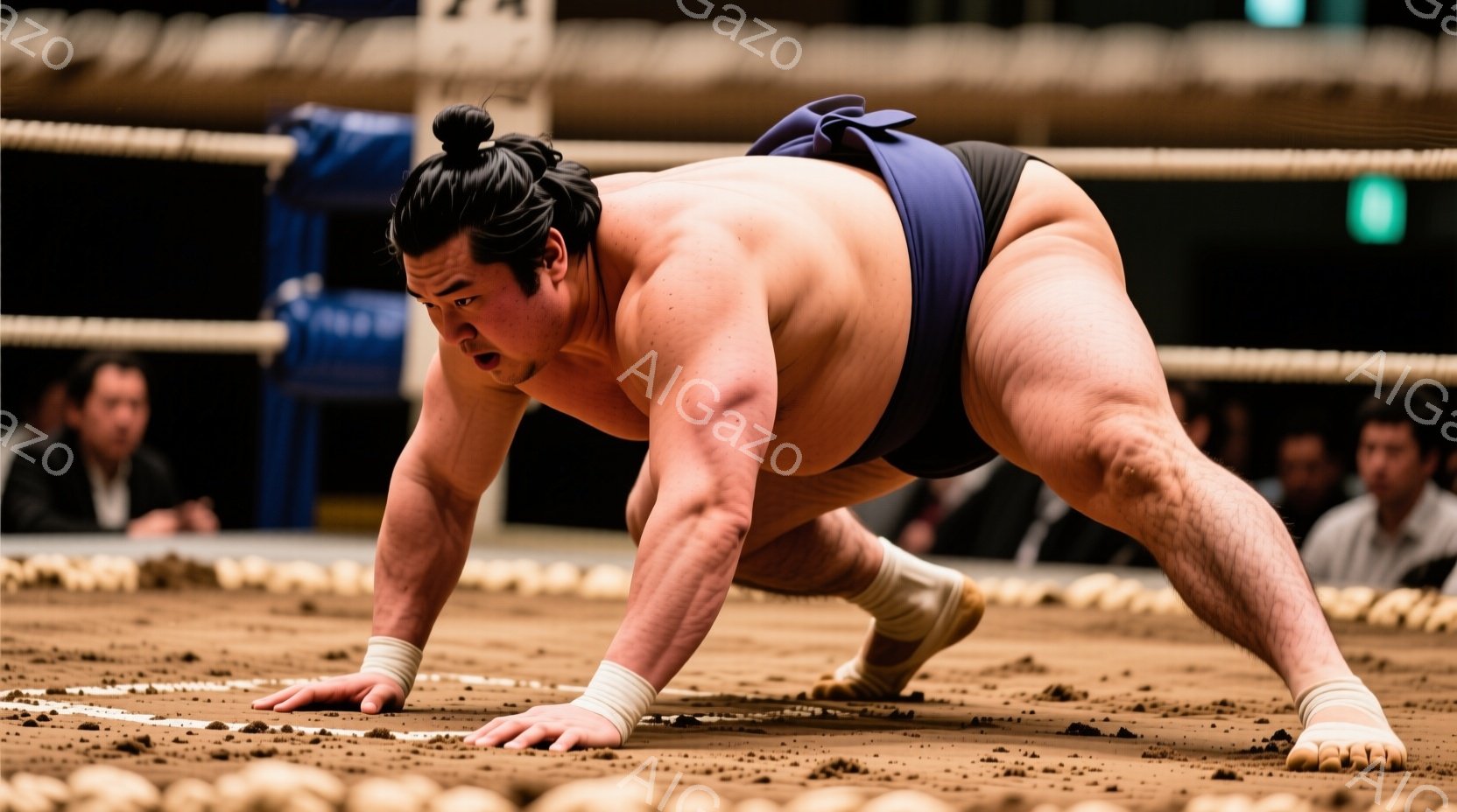 力士が土俵の上で四股を踏む構えを取っています。彼は白いまわしと膝当て、足首当てを身に着けており、髪は丁髷（ちょんまげ）に結われています。背景には観客席が見え、土俵は砂で覆われ、力強い雰囲気です。