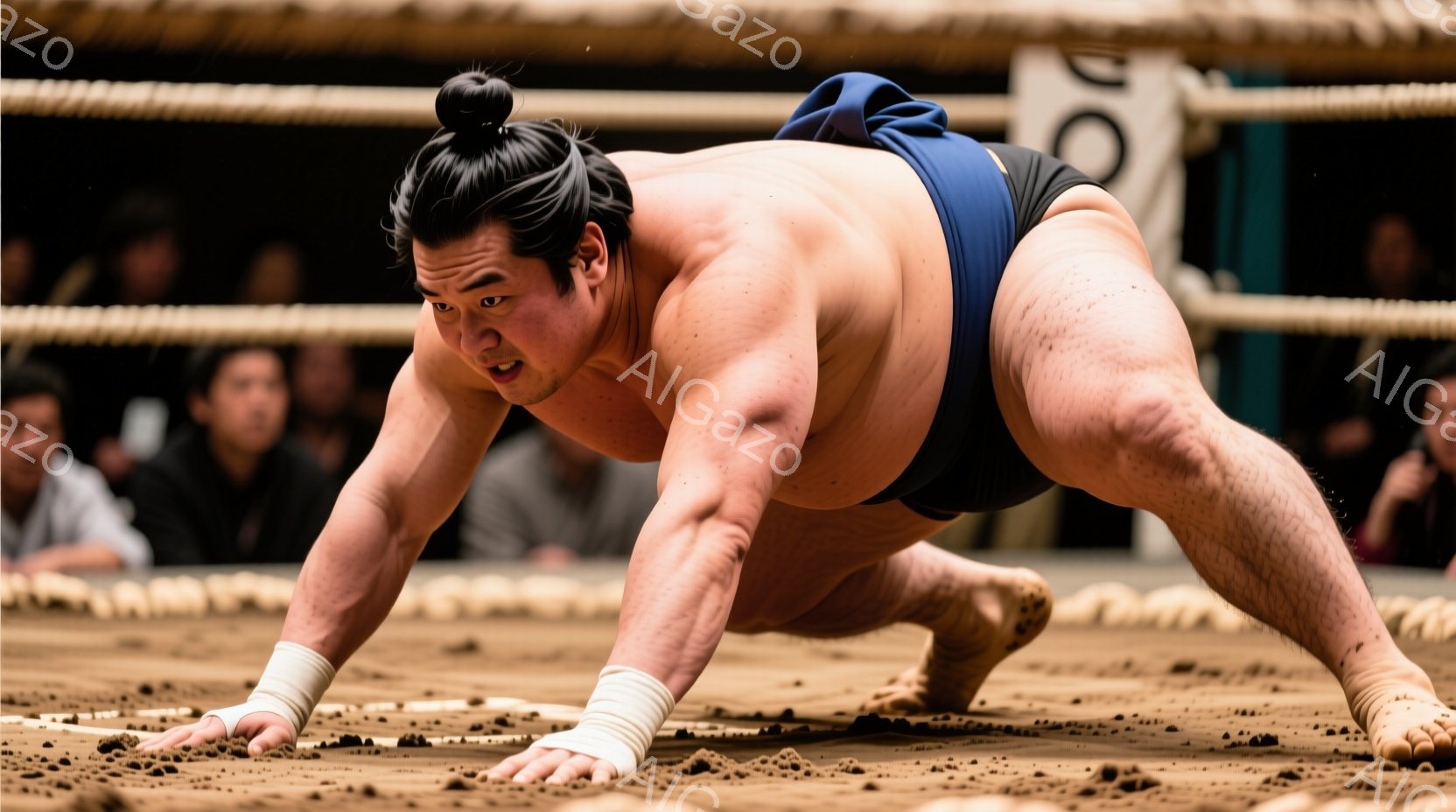 力士が土俵の上で構えをとっています。彼は黒いちょんまげ髪で、白い手絆を巻き、青色の締め込みを着用しています。土俵は茶色で、周囲にはぼやけた観客の姿が見え、力士は試合開始前の緊張した表情で、地面に両手を着いて身構えています。