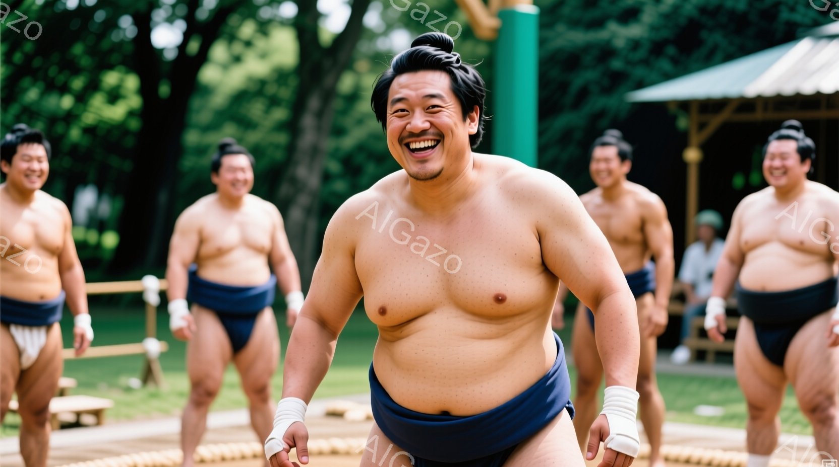 複数の力士が写っており、皆、まわしと呼ばれる腰布を着用し、上半身は裸です。彼らは笑顔で、手には白い手袋のようなものを巻き、リラックスしたポーズで立っています。背景には緑豊かな木々や簡素な木造の建物が見え、晴れた日の屋外で撮影されたことがわかります。