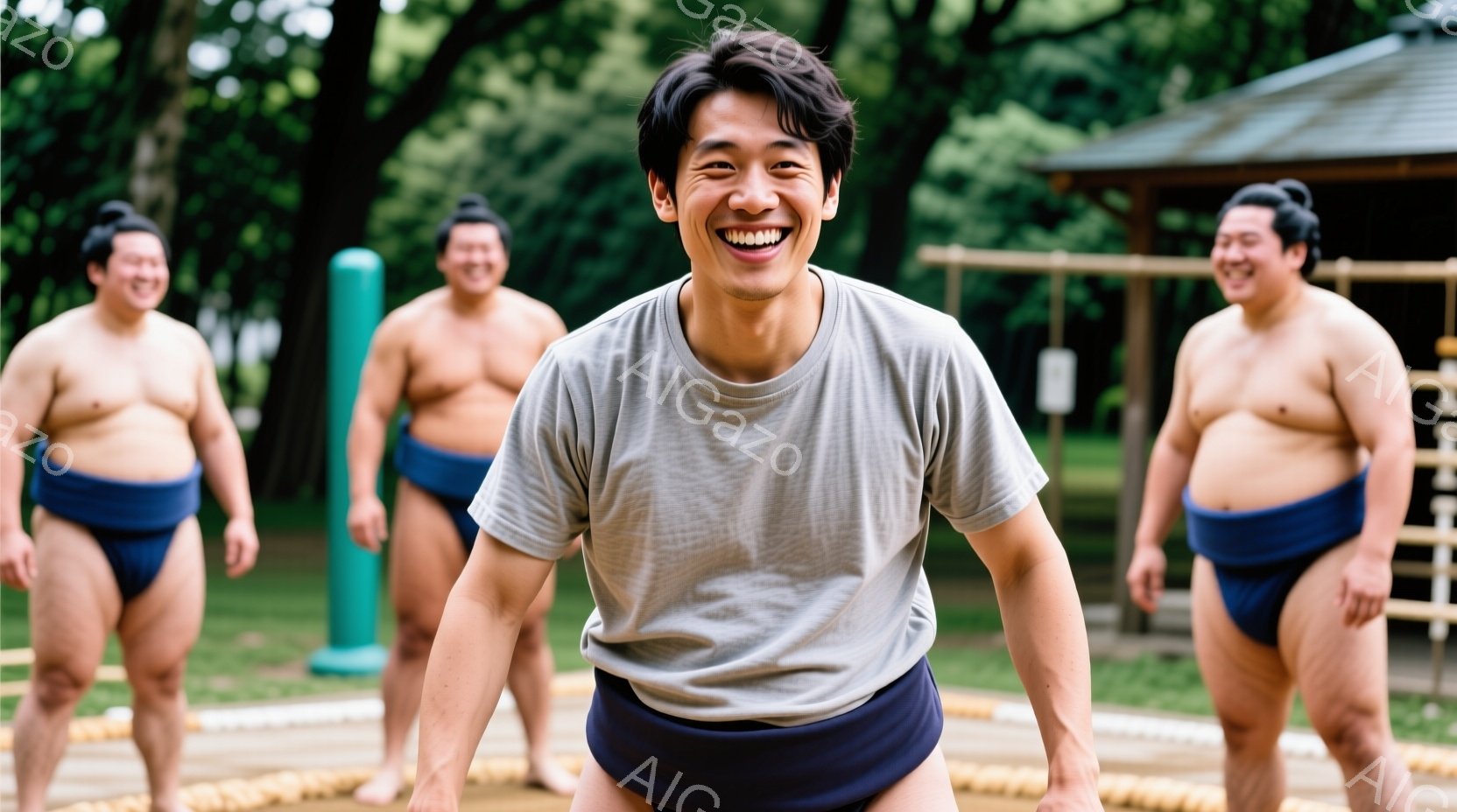 逞しい体格の力士たちが、相撲の稽古場で練習している様子が写っている。皆、締め込みと呼ばれる伝統的な下着を着用し、笑顔でポーズをとっている。背景には緑豊かな木々や木造の建物が見え、明るい日差しが差し込み、活気のある稽古場の雰囲気が伝わってくる。