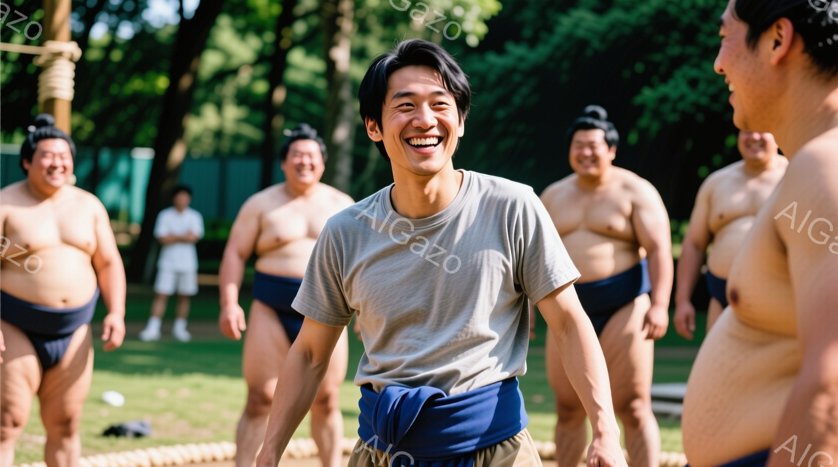 鍛え上げられた肉体を持つ力士たちが、緑豊かな風景の中で集まっている。中央の力士は笑顔で、白いTシャツと藍色の締め込みを身につけ、周囲の力士たちよりも少し若い印象を与える。背景には木々が生い茂り、晴天の - AI生成フリー素材