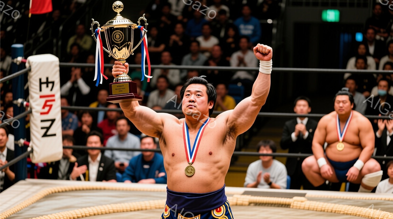 堂々とした相撲取りが、土俵上で優勝杯を高々と掲げています。彼は決勝力士用の廻しを締め、首には金色のメダルが輝いています。背景には観客席が見え、多くの人々が彼を祝福している様子が伺えます。 - AI生成フリー素材