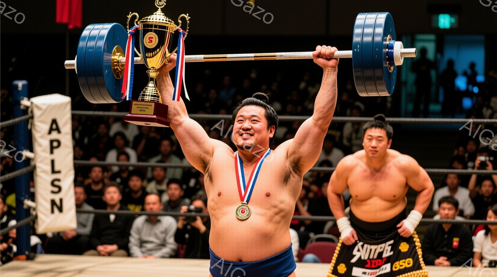 力士が土俵上で、両手を高く上げて優勝旗を掲げています。彼は赤い締め込みと金のネックレスを身につけ、満面の笑みを浮かべており、その表情は勝利の喜びを表現しています。背景には観客席が見え、熱狂的な雰囲気が伝わってきます。