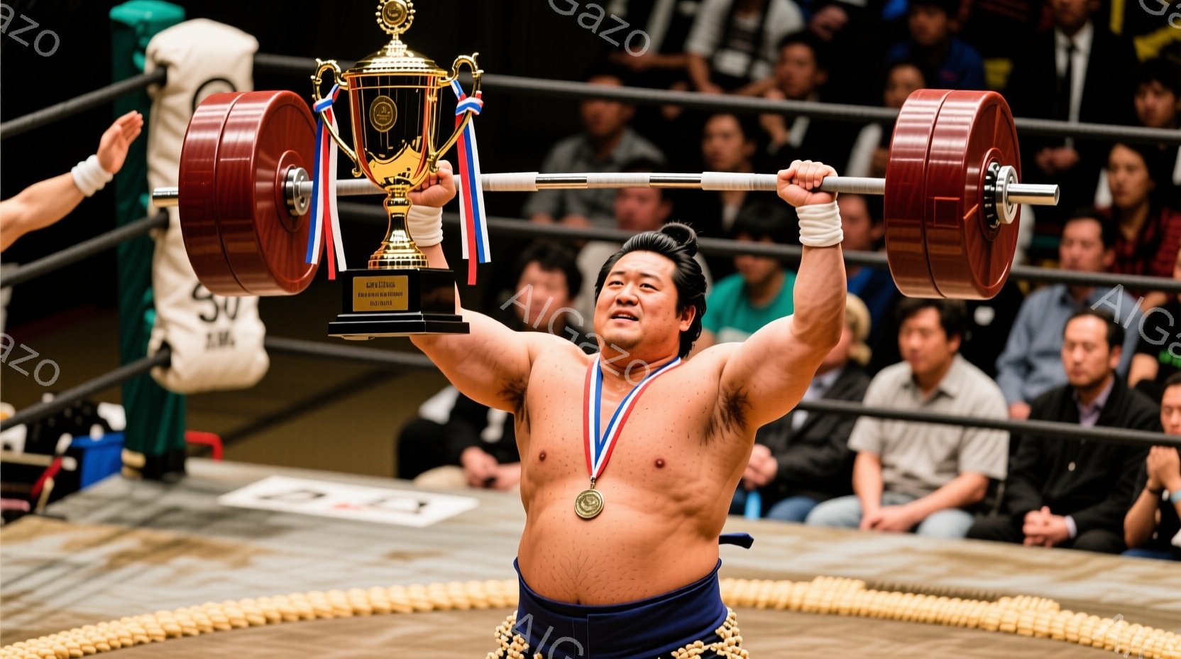 力士が土俵上で、両手で金色のトロフィーを持ち上げ、勝利を祝っている様子が写っている。彼はまわしを締め、首には金色のメダルをかけており、表情は歓喜に満ちている。背景には観客席が見え、土俵の周りには多くの - AI生成フリー素材