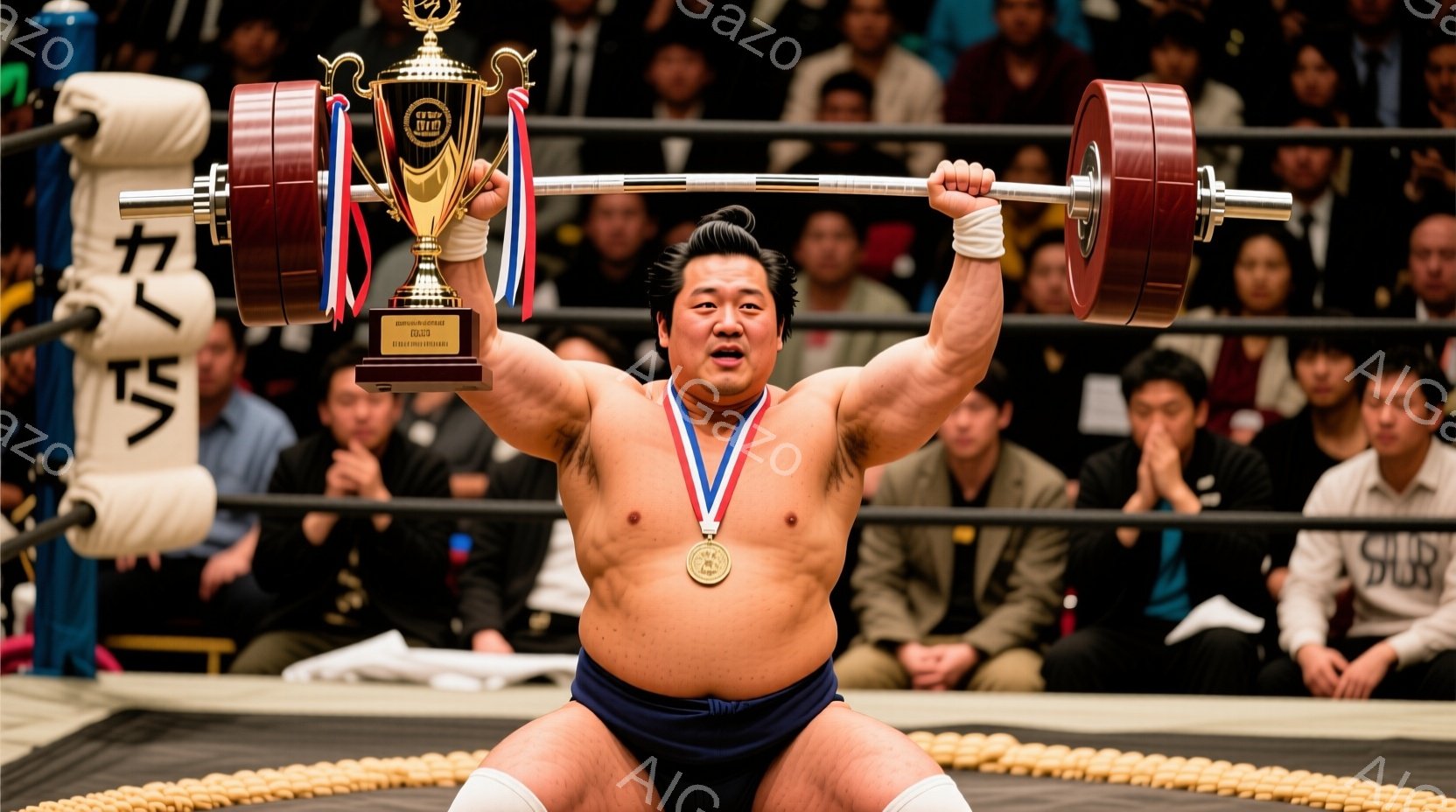 屈強な力士が土俵上で両手を高く上げ、勝利を喜んでいます。彼は紺色の締め込みを身に着け、首には金色のメダル、胸には賞が飾られています。背景には観客席が広がり、多くの人々が彼を祝福している様子がうかがえま - AI生成フリー素材