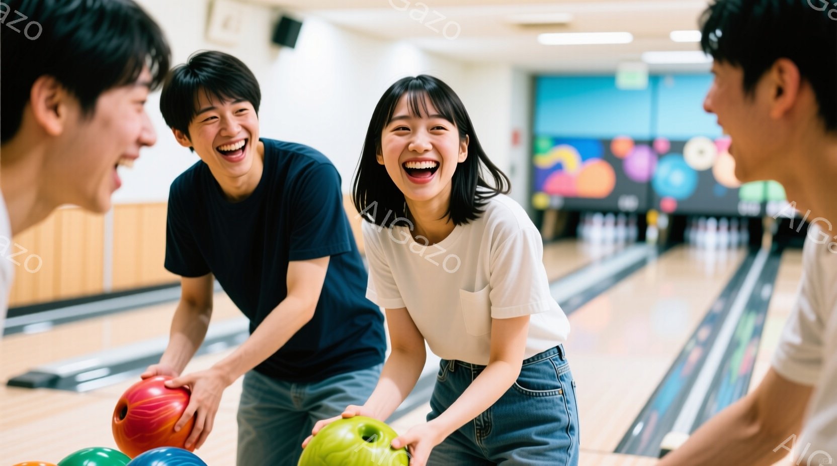 ボウリング場にいる若い男女が写っている。女性は白いTシャツとデニムのパンツを着用し、笑顔で緑色のボウリングのボールを持っている。男性たちは紺色のTシャツを着ており、女性の周りに立って楽しそうにしている - AI生成フリー素材