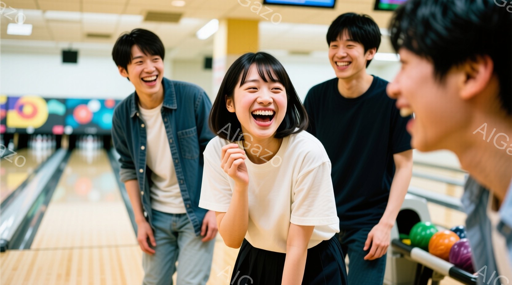 ３人の若い女性と１人の若い男性がボウリング場で笑い合っています。女性はそれぞれ白いトップス、黒いスカートまたはズボンを着用し、髪型は短髪または肩までの長さで、笑顔で楽しんでいます。ボウリング場は明るく - AI生成フリー素材