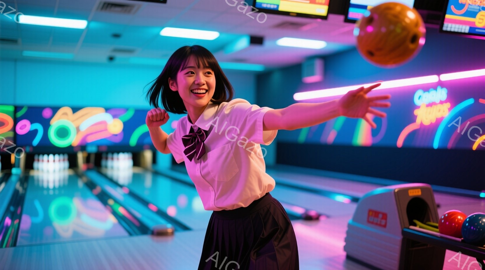 ボウリング場で、若い女性がボウリングのボールを投げる瞬間が捉えられています。彼女は白いシャツに黒いプリーツスカートを着用し、髪は肩までの長さで、笑顔でボールを振りかぶっています。背景にはカラフルな照明 - AI生成フリー素材