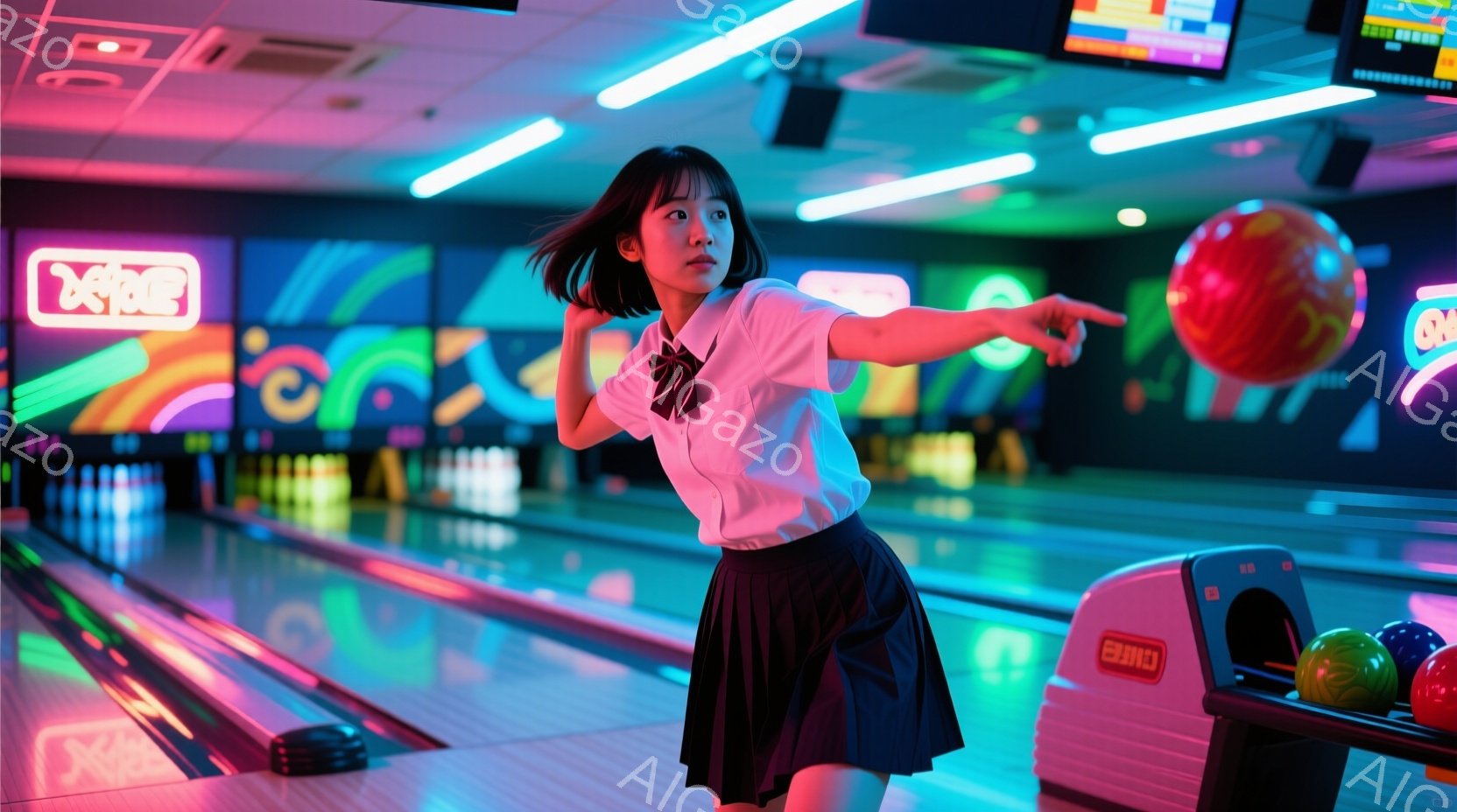 ボウリング場でボールを投げる若い女性が写っています。彼女は白いシャツに黒のスカートを着用し、三つ編みヘアスタイルで、集中した表情をしています。背景には、カラフルな照明とレーン、そしてボールが並んだラックが見え、活気のあるボウリング場の雰囲気が伝わってきます。