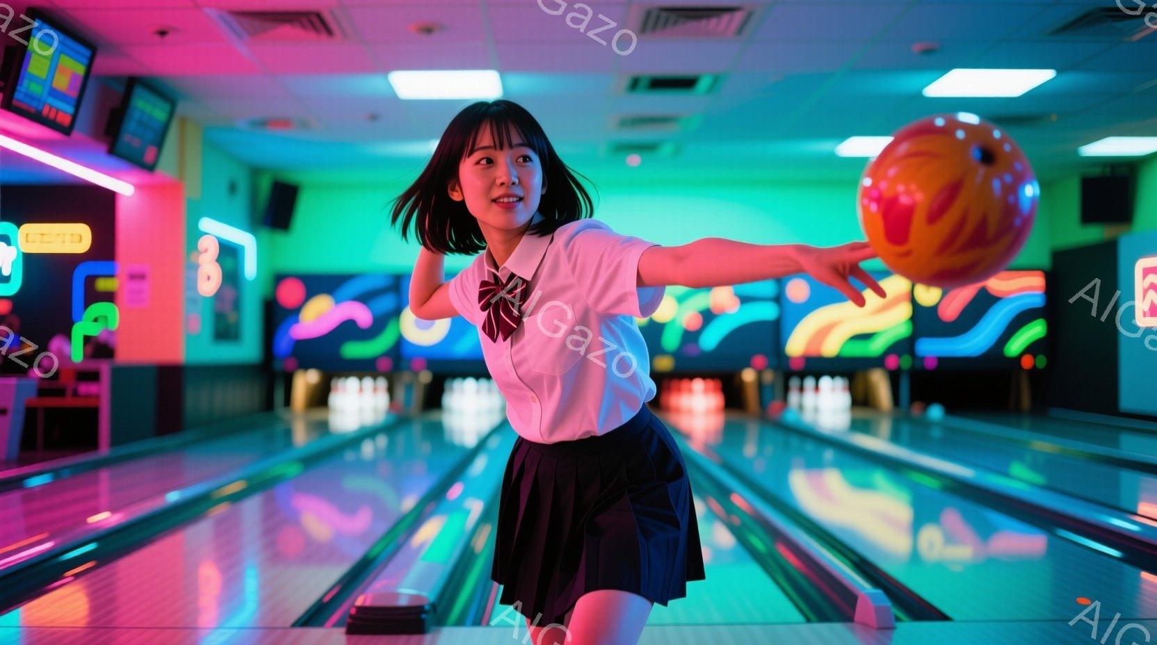 ボウリング場にて、女子高生がボウリングのボールを投げる瞬間を捉えた写真です。彼女は白いシャツに黒いスカート、そして赤いリボンを付けており、髪は肩まで伸びています。背景はネオンライトで照らされたレーンで、活気のある雰囲気です。