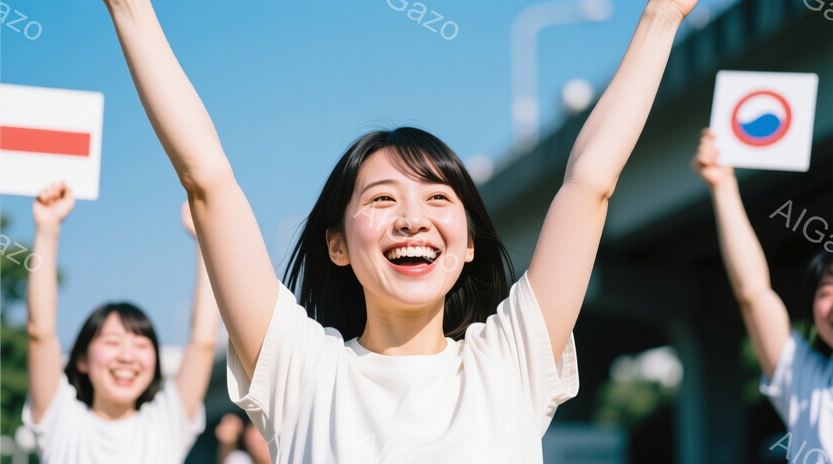 笑顔の若い女性が両手を高く上げた様子を捉えています。彼女は白いTシャツを着ており、黒髪のストレートヘアが肩にかかっています。背景には他の人々が旗を掲げ、晴れた空と建物のシルエットが見え、全体的に喜びと - AI生成フリー素材