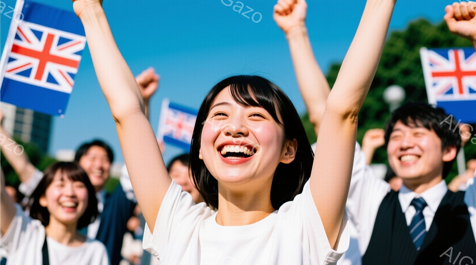 若い女性が両手を高く上げて笑顔で歓声をあげています。彼女は白いTシャツを着ており、黒髪を肩下まで伸ばしています。背景には青空と建物が見え、他の人々も同様にイギリスの国旗を振って喜びを表現しており、全体 - AI生成フリー素材