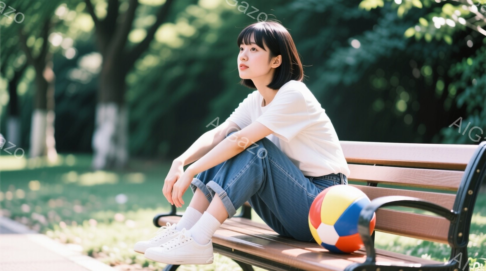 短いボブヘアの女性が公園のベンチに座っており、白いTシャツとロールアップされたジーンズ、白いスニーカーを着用しています。彼女は少し物憂げな表情で遠くを見つめ、片足を曲げて座っています。背景には緑豊かな - AI生成フリー素材