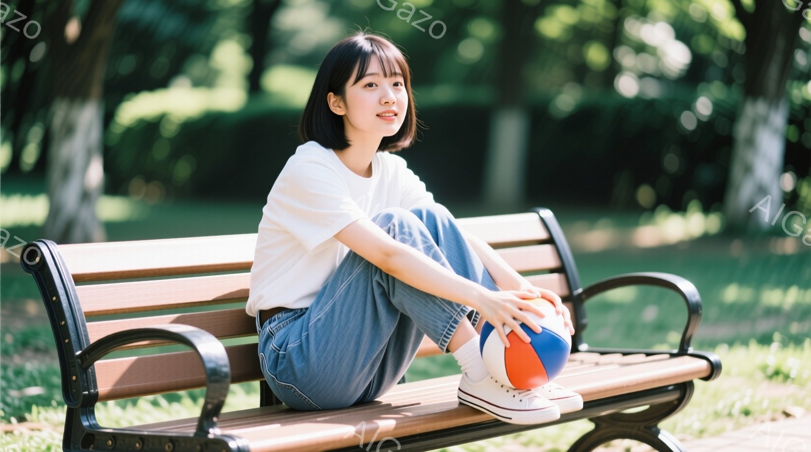 短い黒髪の女性が公園のベンチに座っており、白いTシャツと水色のジーンズ、白いスニーカーを着用しています。彼女は膝を抱え、少し微笑んでおり、リラックスした表情をしています。背景には緑豊かな木々が生い茂り - AI生成フリー素材