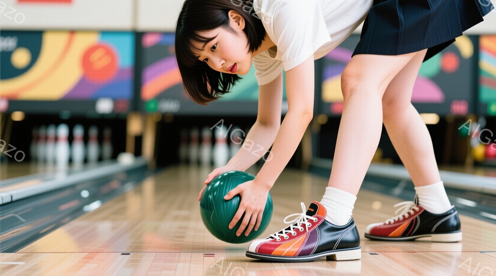 ボウリング場でポーズをとる若い女性を示しています。彼女は白いTシャツとネイビーのスカートを着用し、暗い髪を後ろでポニーテールにまとめています。彼女はボウリングのボールを両手で持ち、ボールを投げる準備をしており、集中した表情で前を見つめています。