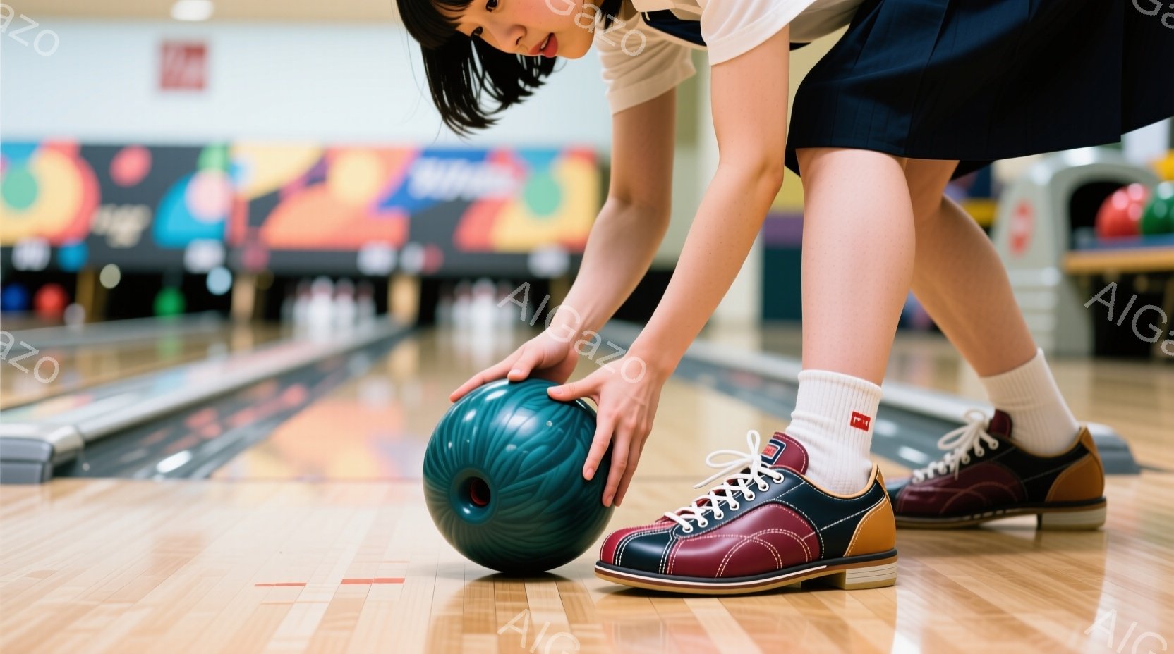ボウリングのレーンで、少女がボウリングのボールを手にしている様子が写っています。彼女は短い黒髪で、白いソックスと赤と茶色のボウリングシューズを履き、濃い青色の服装をしています。集中した表情でボールを見 - AI生成フリー素材